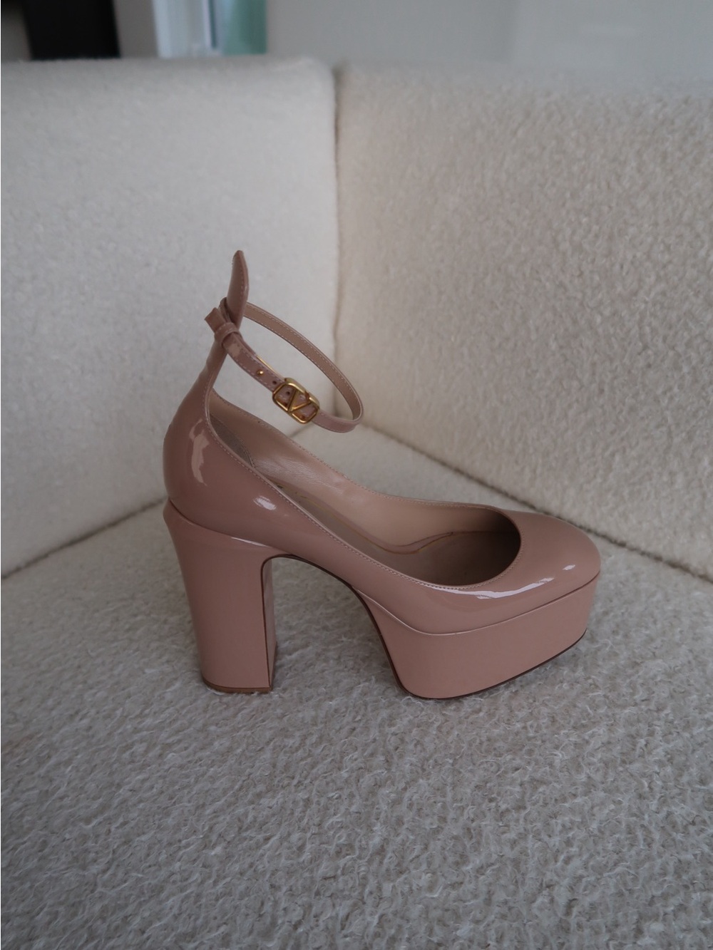 Valentino Patent Platform Block Heel Pump in Nude Pink